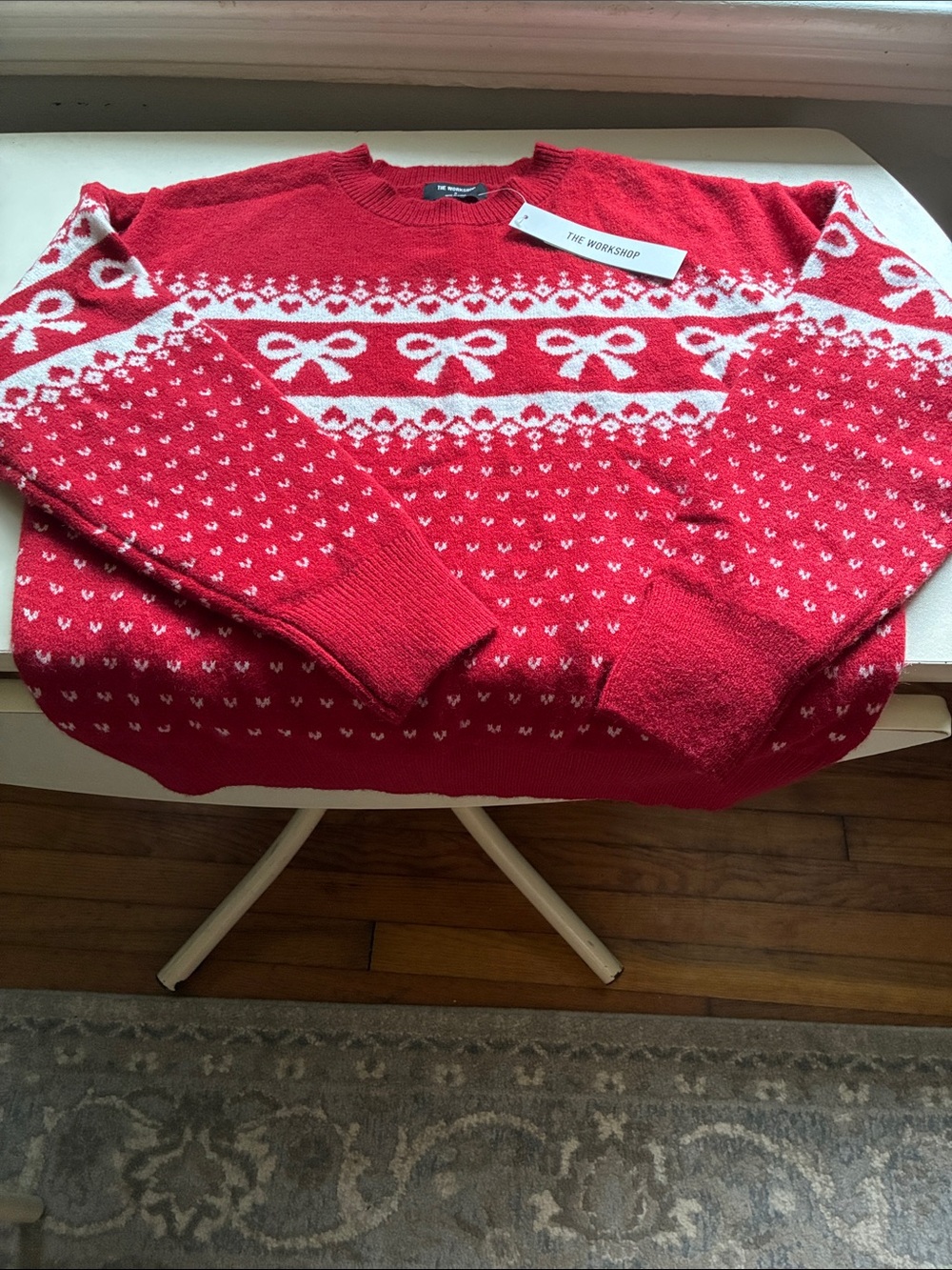 Workshop Republic Clothing Red and White Fair Isle Bow Crewneck Sweater